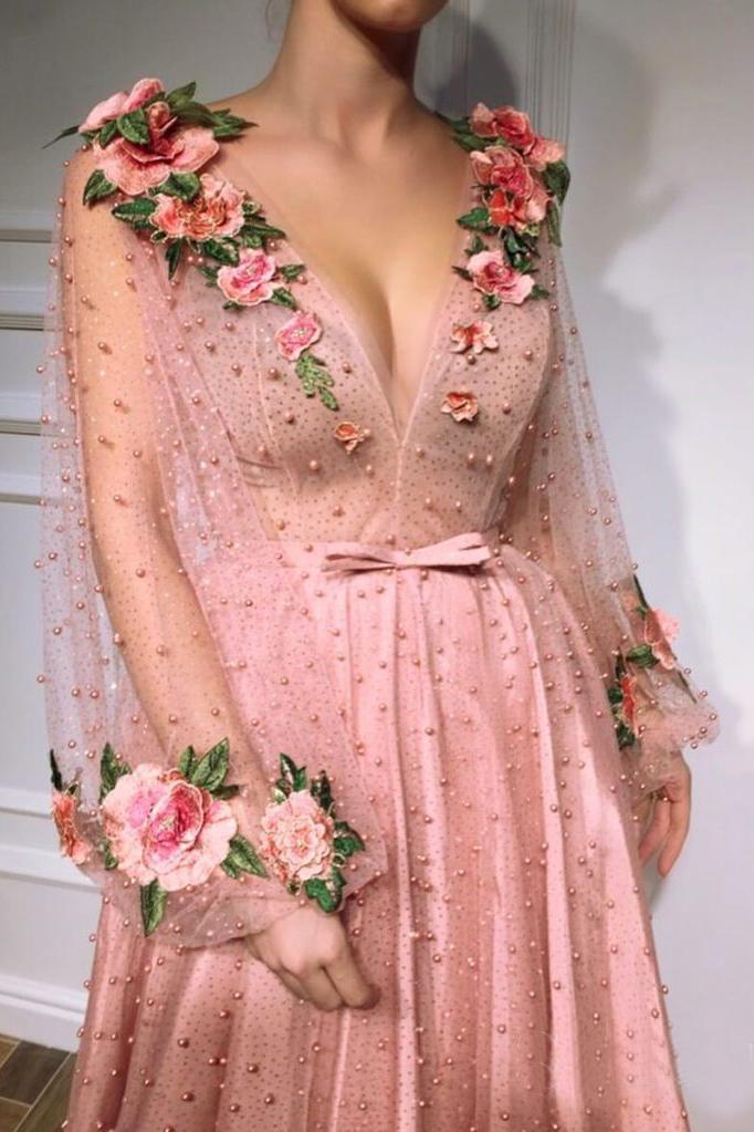 3D Flowers Long Sleeve Pink Prom Dresses Pearl Beaded V Neck Formal Dress KI42