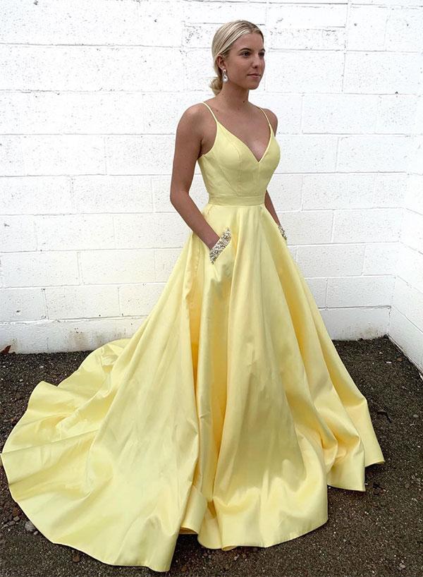 Yellow v neck satin long prom dress, yellow evening dress KS1974
