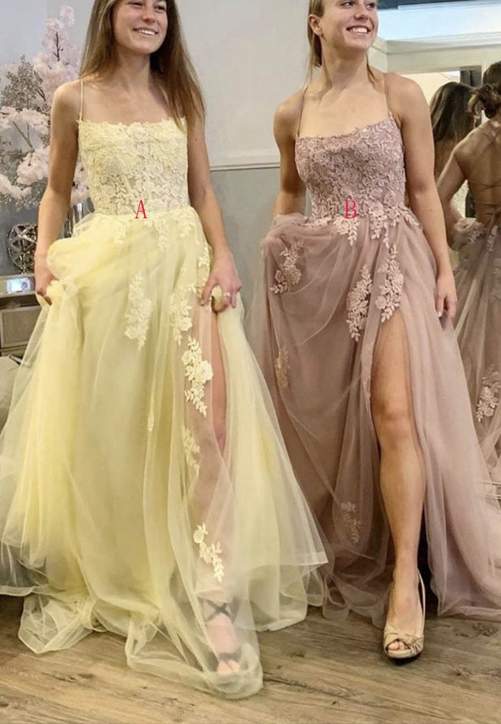 Yellow tulle lace long prom dress evening dress KS4058