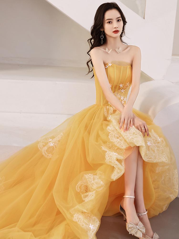 Yellow Unique High Low Tulle with Lace Prom Dress, Yellow Formal Dress Evening Dress KS6238