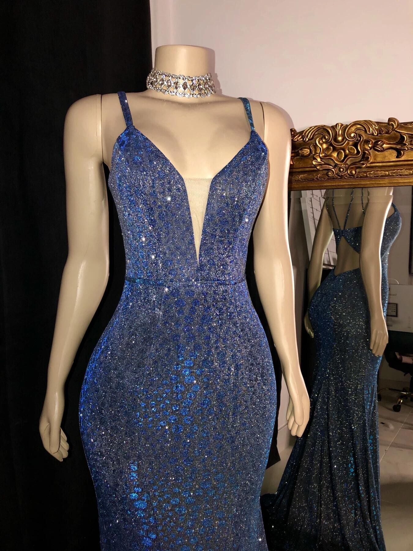 Glitter Mermaid Prom Dresses Long Spaghetti Straps V Neck Open Back Formal Evening Party Gowns SA1672