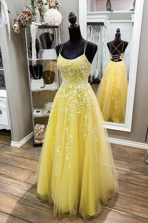 Yellow lace long A line prom dress evening dress KS3506