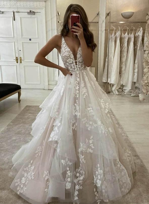 Custom made v neck tulle lace long prom gown KS1488