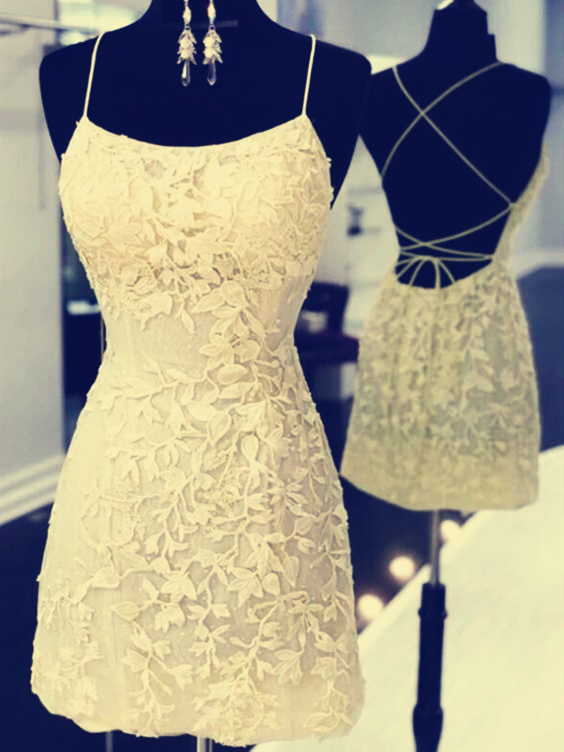 Yellow lace party dresses mini tight homecoming dress P7590