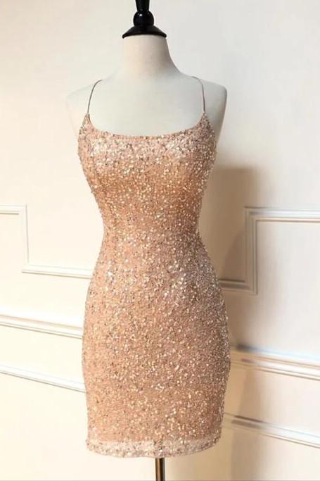 Sparkle Straps Tight Peach Sequins Short Homecoming Dress SA392