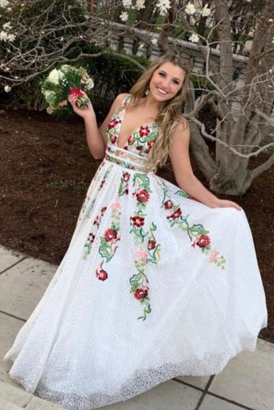 Charming V Neck Floral Embroidery Long Lace Prom Dress with Pocket KJ1