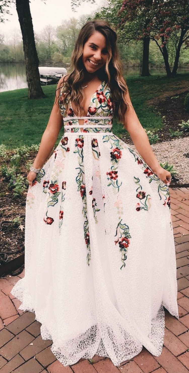 Charming V Neck Floral Embroidery Long Lace Prom Dress with Pocket KJ1