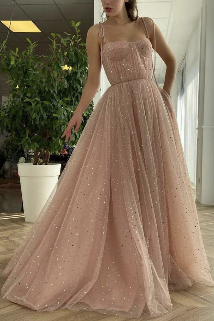 Pink tulle long A line prom dress pink evening dress KS8166