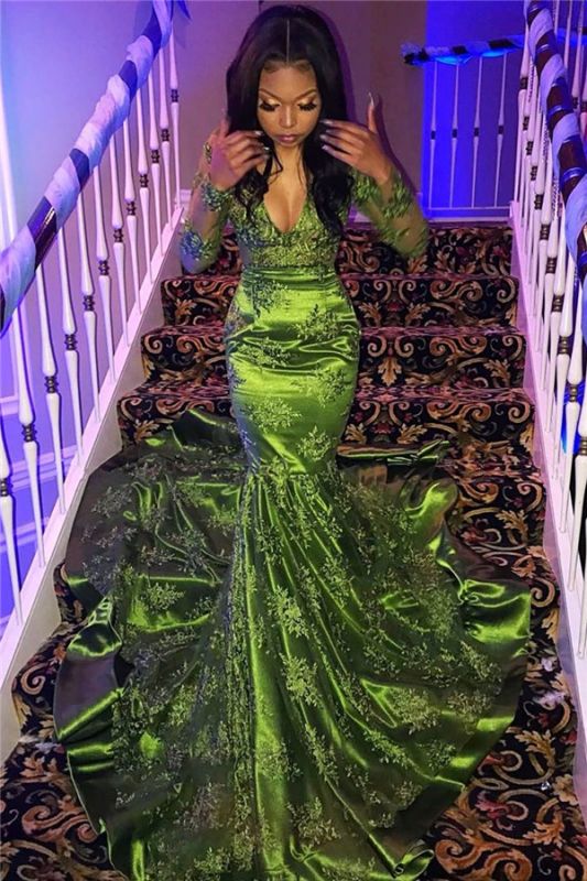 Black Girl Prom Dress Cheap Long Sleeve Lace Green Prom Dresses for Juniors | Sexy V-neck Mermaid Evening Gowns JY0007