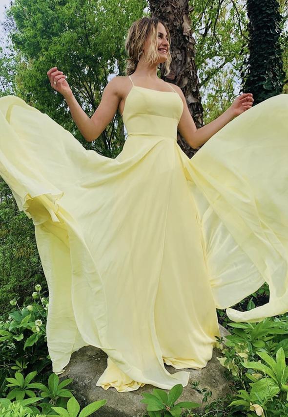 Yellow chiffon long prom dress simple evening dress KS4053