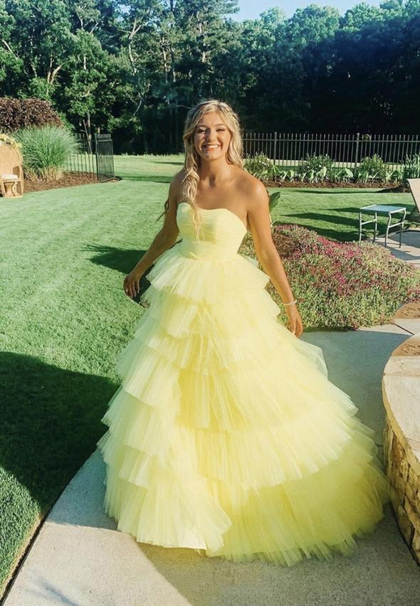 Yellow tulle long A line prom dress evening dress KS3940