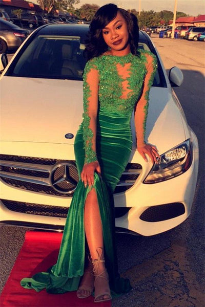 GORGEOUS GREEN LONG-SLEEVE LACE APPLIQUES SPLIT MERMAID PROM PARTY GOWNS SA122
