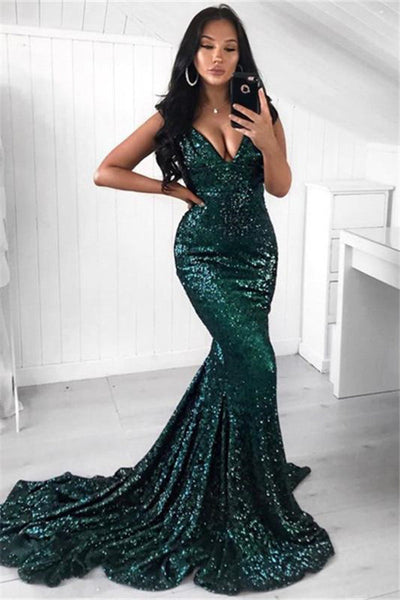 GREEN SEQUINS PROM PARTY GOWNS| MERMAID EVENING PARTY DRESS SA115
