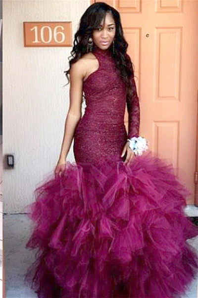 HIGH-NECK ONE-SLEEVE SHEATH LACE PUFFY TULLE PROM DRESS SA130