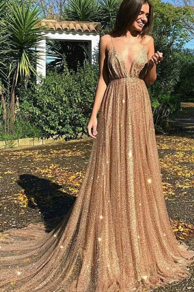 GORGEOUS SEQUINS A-LINE LONG PROM GOWNS NEW ARRIVAL SPAGHETTI STRAPS V-NECK EVENING DRESS SA99