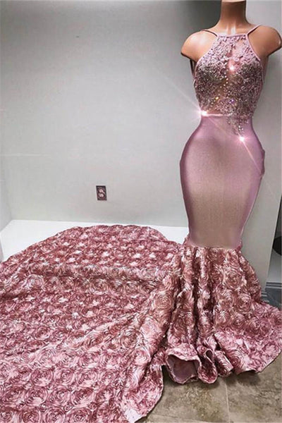 GORGEOUS HALTER MERMAID PINK PROM PARTY GOWNS EVENING DRESSES SA112