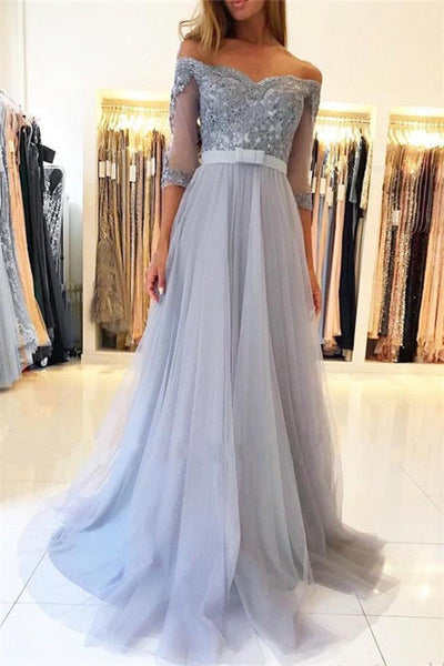 OFF-THE-SHOULDER HALF SLEEVE EVENING DRESSES FORMAL LACE APPLIQUES PROM DRESS SA90