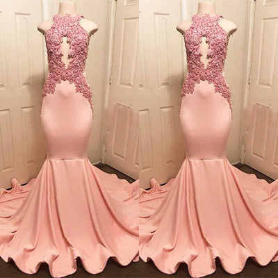 HALTER PINK LACE PROM PARTY GOWN PROM DRESS SA116