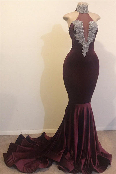 MERMAID OPEN BACK CHIC HIGH NECK SILVER BEADS APPLIQUES PROM DRESS SA83