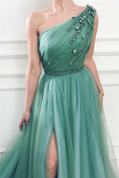 GORGEOUS ONE SHOULDER GREEN TULLE PROM PARTY GOWNS PROM DRESS SA134