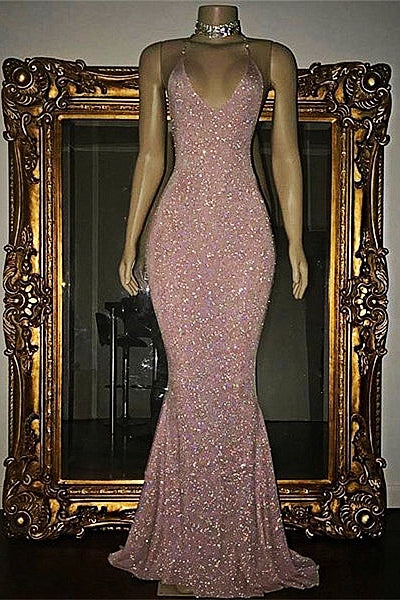 GORGEOUS SEQUINED MERMAID SPAGHETTI-STRAP LONG SLEEVESLESS PROM GOWNS SA97