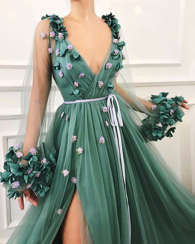 GORGEOUS GREEN LONG-SLEEVES TULLE SIDE-SLIT A-LINE PROM DRESS SA107