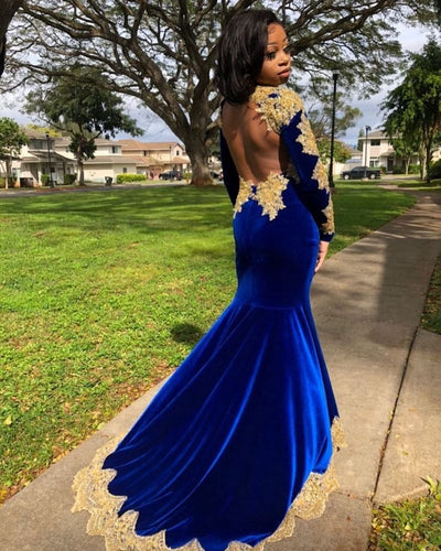 VELVET LONG SLEEVES MERMAID FRONT SPLIT GOLD APLIQUES PROM PARTY GOWNS ROYAL BLUE AS04