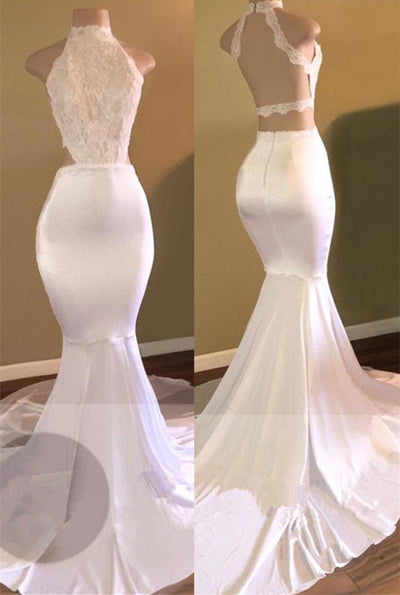 TRENDY WHITE MERMAID HIGH-NECK SLEEVELESS PROM PARTY GOWNS AS05