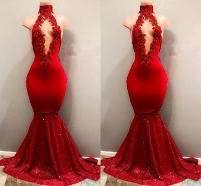 TRENDY MERMAID RED LACE HIGH NECK PROM PARTY GOWNS| RED PROM PARTY GOWNS AS06