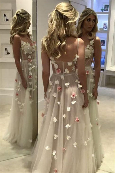 SPAGHETTI STRAPS OPEN BACK FLOWERS CHIC EVENING GOWN CORSET ILLUSION TULLE PROM PARTY GOWNS SAS12