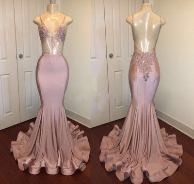 TRENDY PINK BEADS SPAGHETTI STRAP PROM PARTY GOWNS| MERMAID PROM PARTY GOWNS SAS14