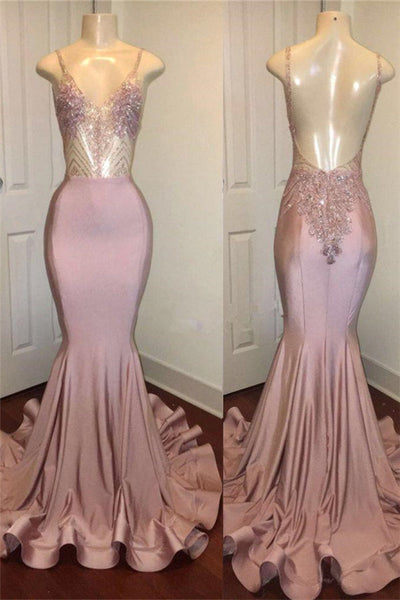 TRENDY PINK BEADS SPAGHETTI STRAP PROM PARTY GOWNS| MERMAID PROM PARTY GOWNS SAS14