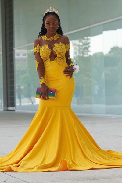 YELLOW LONG SLEEVES MERMAID PROM GOWNS SWEEP TRAIN APPLIQUES SAS16