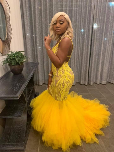 YELLOW MERMAID LACE PUFFY TULLE OPEN BACK LONG PROM PARTY GOWNS SAS19