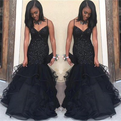 SPARKLING SEQUINS CHIC STRAPS BLACK PROM DRESS SAS39