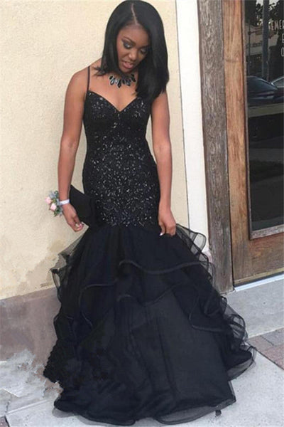 SPARKLING SEQUINS CHIC STRAPS BLACK PROM DRESS SAS39