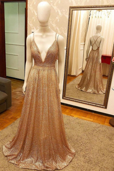 TRENDY NEW ARRIVAL PLUGING V-NECK GOLDEN SPARKLE PROM DRESS WITH CRISS-CROSS BACK SAS40