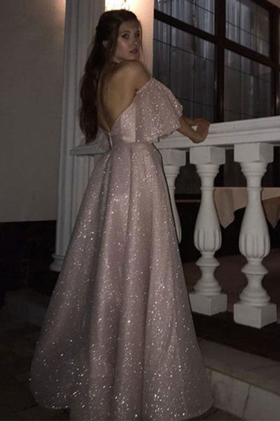 SPARKLE PEARL PINK SEQUINED HIGH SPLIT A-LINE PROM DRESS WITH BRACELET SAS45