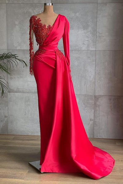 STUNNING RED LONG SLEEVE MERMAID EVENING DRESS LACE APPLIQUES PROM GOWN RUFFLES SAS46