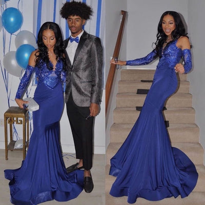 ROYAL BLUE MERMAID PROM DRESS PARTY GOWNS SEQUINED V-NECK PARTY WEAR SAS48