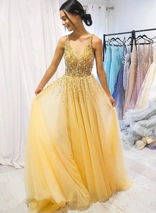 Yellow Tulle Sequins Beaded Long A Line Prom Dress, Party Dress B26