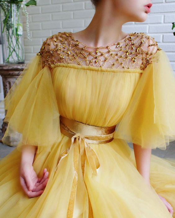 modest yellow prom dress long prom dresses wit tulle evening gown B613