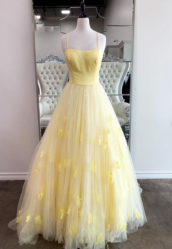 Yellow tulle long A line prom dress evening dress ks418