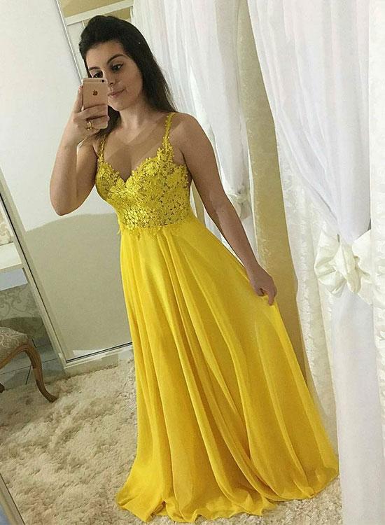 Yellow lace chiffon long prom dress, yellow evening dress ks3070