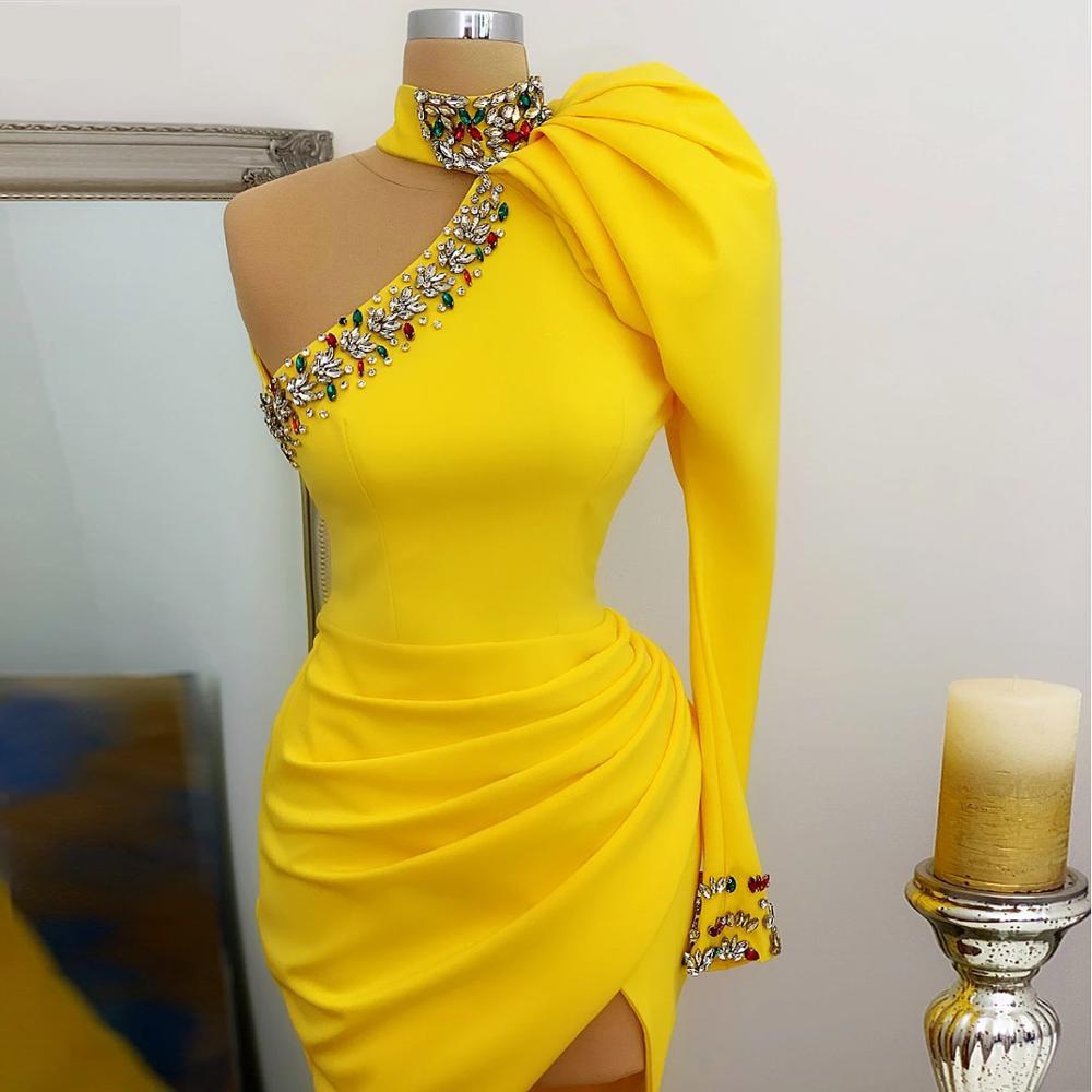 Yellow White Long Sleeves Satin Cocktail Dresses High Neck One Shoulder Crystal Slit Party Formal Prom Dresses SA1532