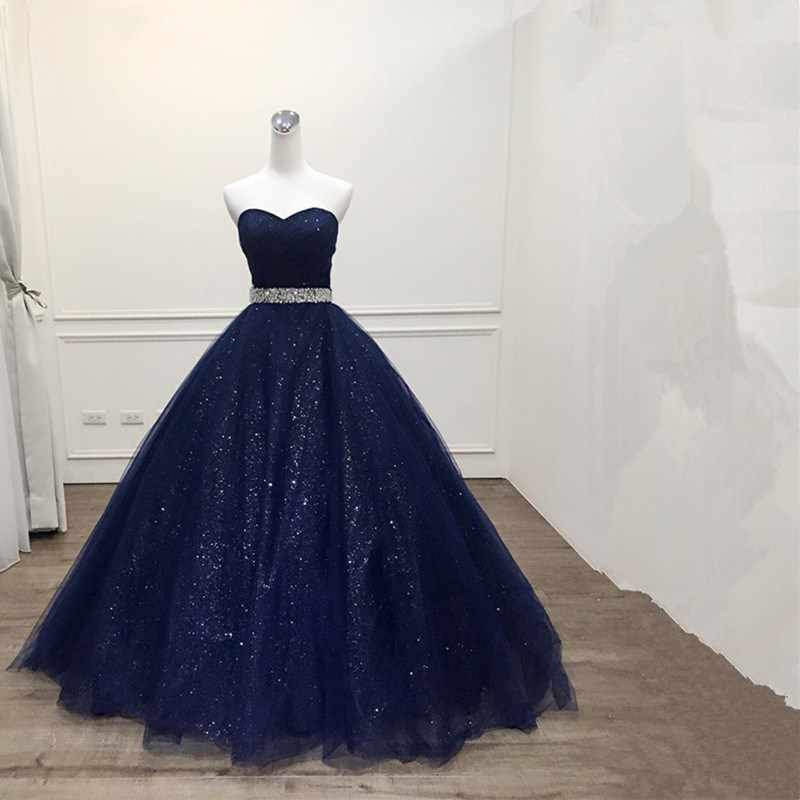 Stunning Navy Blue Tulle Strapless Long Sequins Prom Dress, Evening Dress D070
