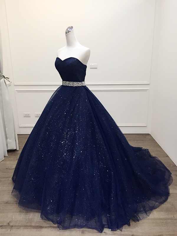 Stunning Navy Blue Tulle Strapless Long Sequins Prom Dress, Evening Dress D070
