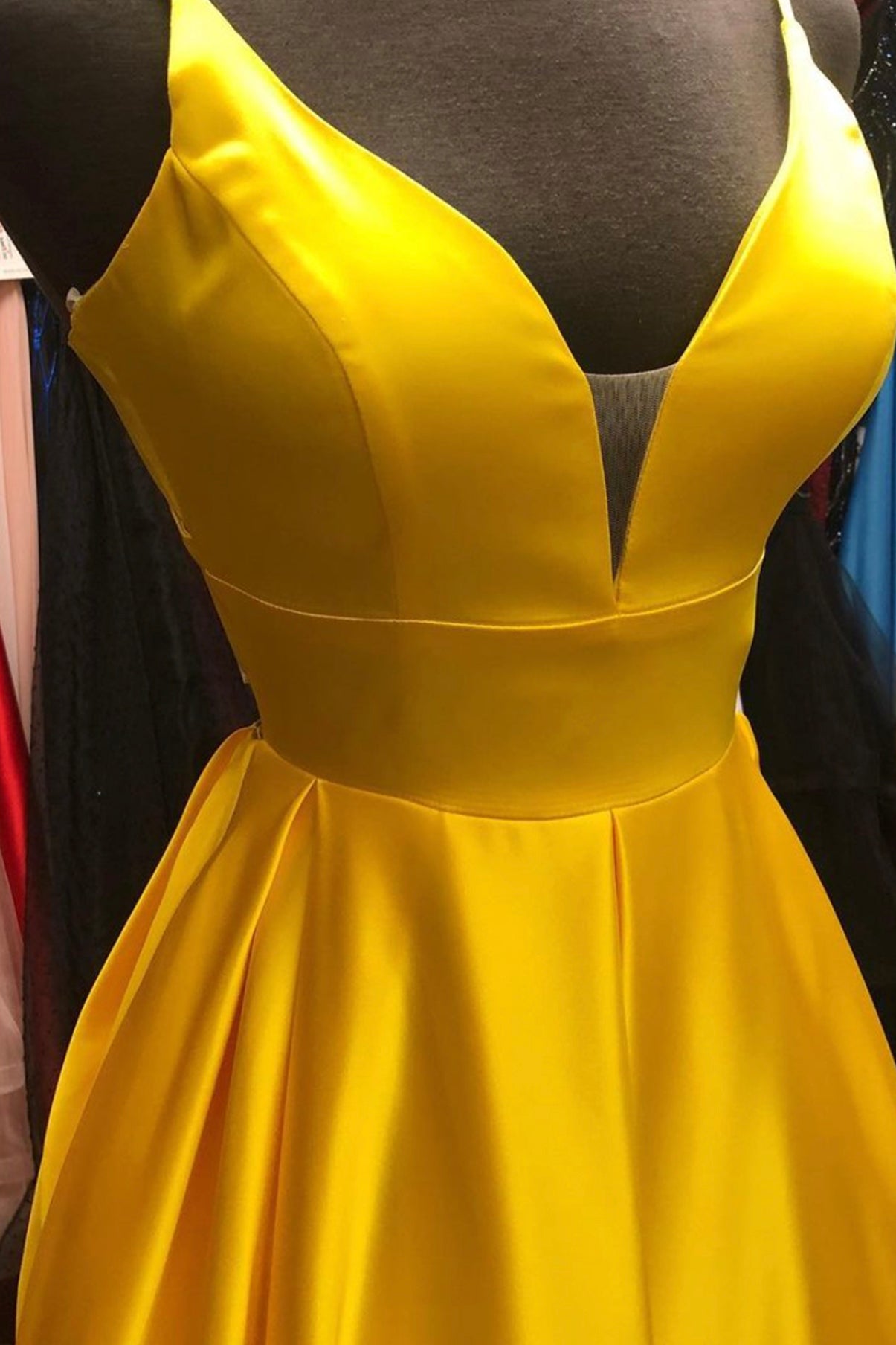 Yellow satin long A line prom dress yellow evening dress KS5902