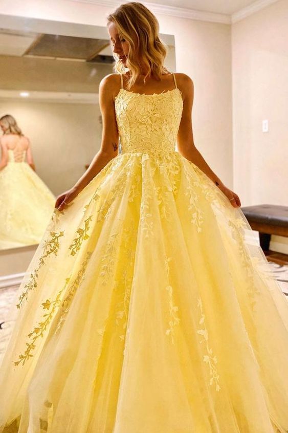 Yellow tulle lace long prom dress yellow lace formal dress NN237