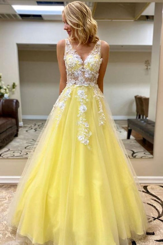 Yellow v neck tulle lace long prom dress yellow formal dress NN247